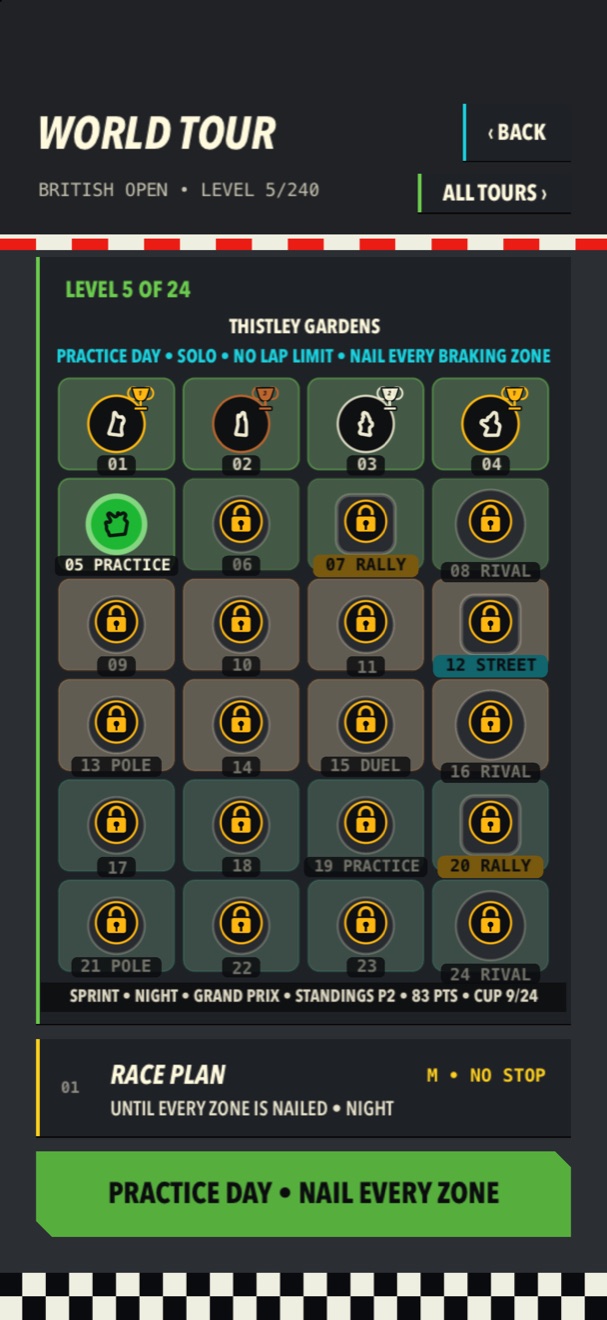 A World Tour's grid of levels with medals