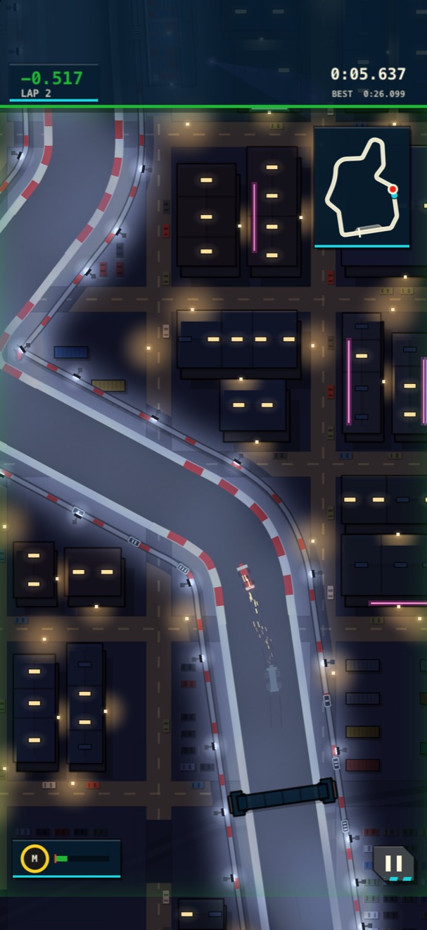 A floodlit time trial at night, chasing the ghost of your best lap